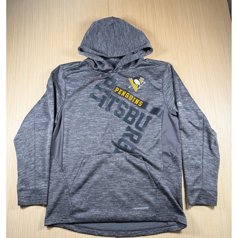 Pittsburgh Penguins Therma Base Hoodie Mens Medium Gray Majestic NHL Ice Hockey